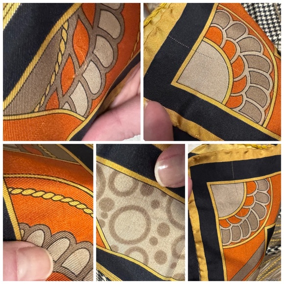 Christian Dior AUTHENTIC Herringbone Logo Vintage Silk Scarf Navy Orange Cream - Picture 15 of 16